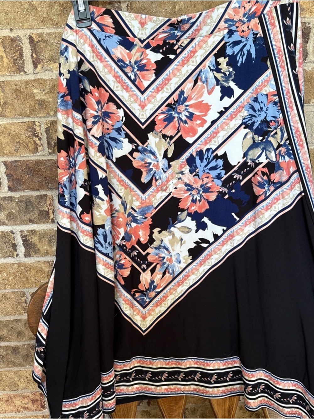 JM Collection Navy, Coral & Light Blue Chevron Floral Maxi Skirt